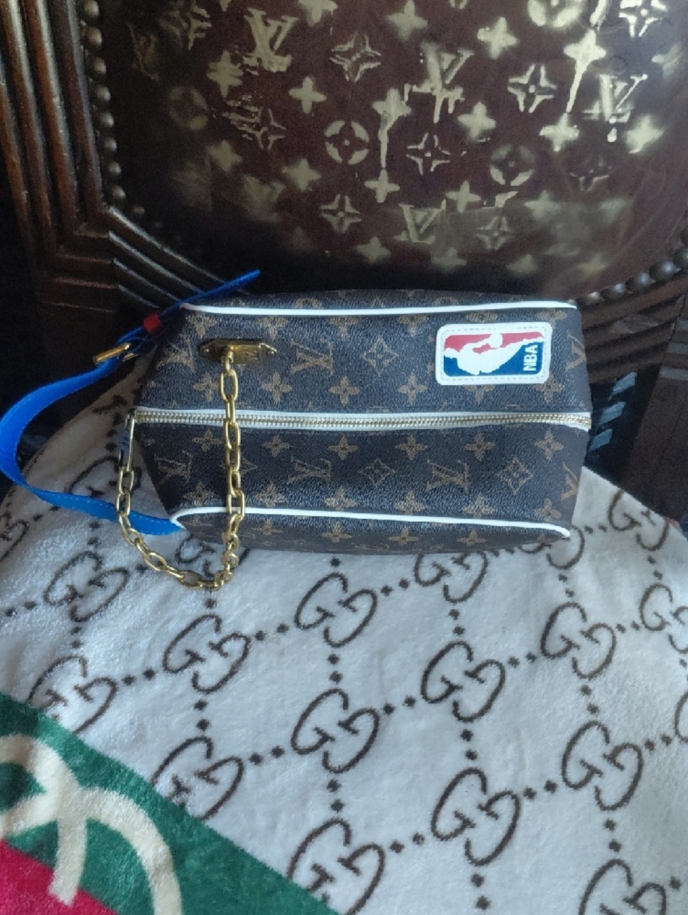 Louis Vuitton Monogram Top Handle Bag in Brown with Blue Handle - Picture 2 of 7